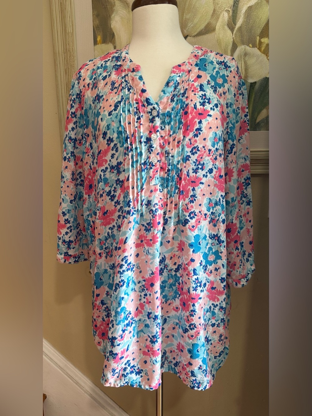 Blair Women's Blouse Size XL Pink/Blue Floral 1/4 Button V-Neck 3/4 Sleeve